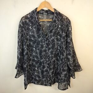 MPH Collection Floral Blouse Button Down 2X Womens Sheer Lightweight Black